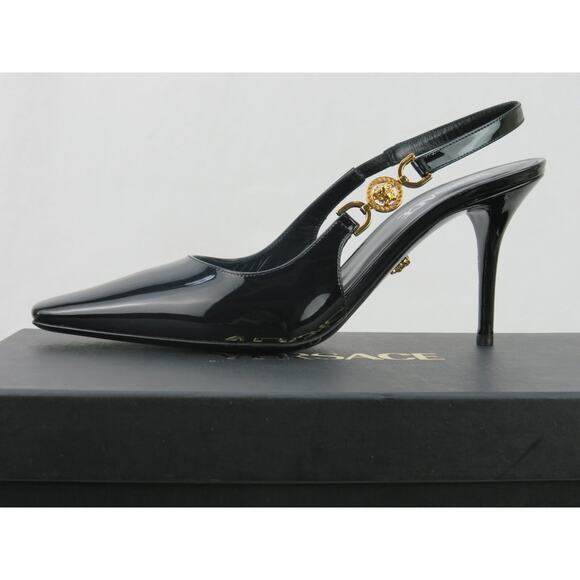 NIB VERSACE BLACK PATENT LEATHER GOLD MEDUSA SANDALS 85 MM HEEL PUMPS 37 7 ITALY - Picture 7 of 12